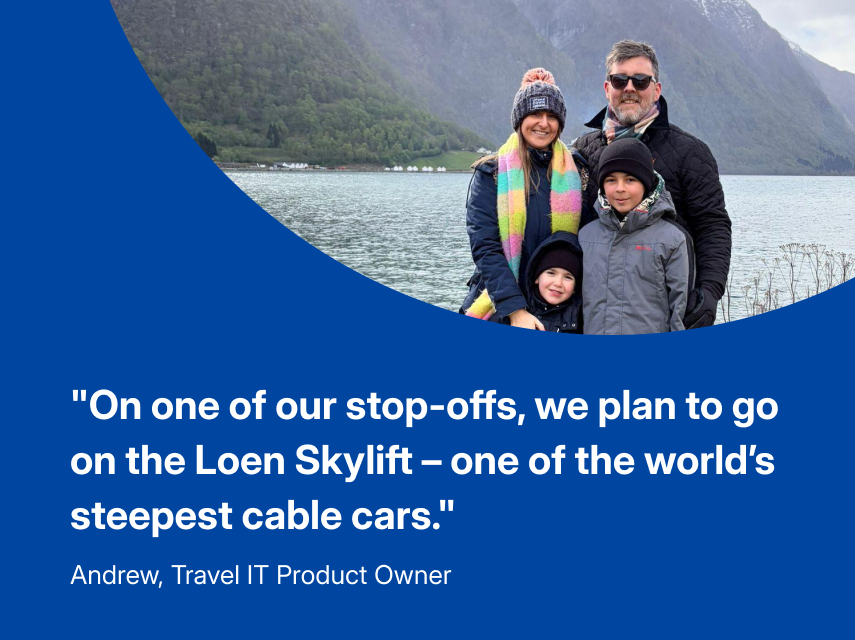 Andrew and his family in Norway against a lake