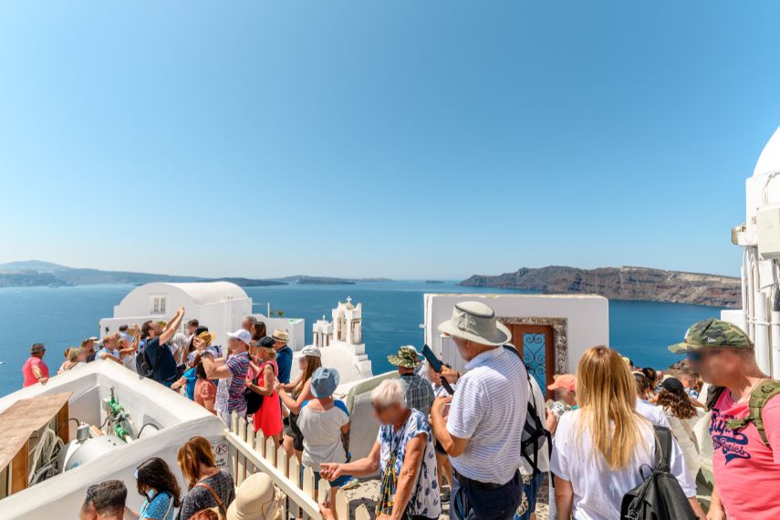 Crowds taking photos at Oia, Santorini