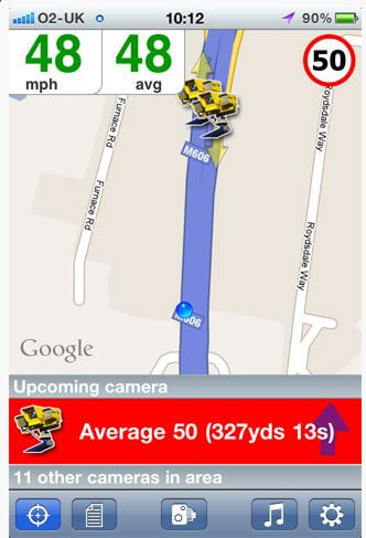 CamerAlert road view showing upcoming speed cameras
