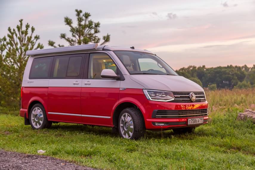 Image of a silver and red Volkswagen California