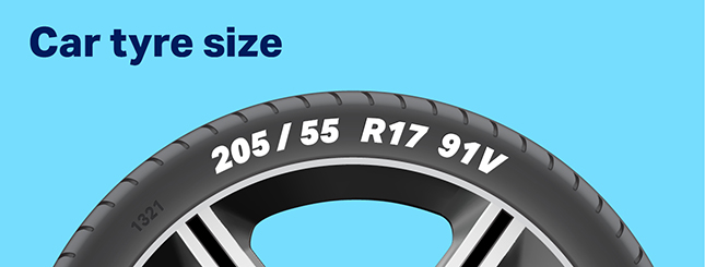 Tyre sidewall showing what numbers indicate car tyre size. Example: 205/55 R17 91V