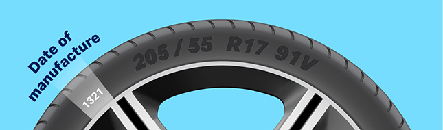 Tyre sidewall showing which numbers indicate date of manufacture. Example: 205