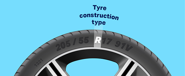 Tyre sidewall showing which letter indicate tyre construction type. Example: R