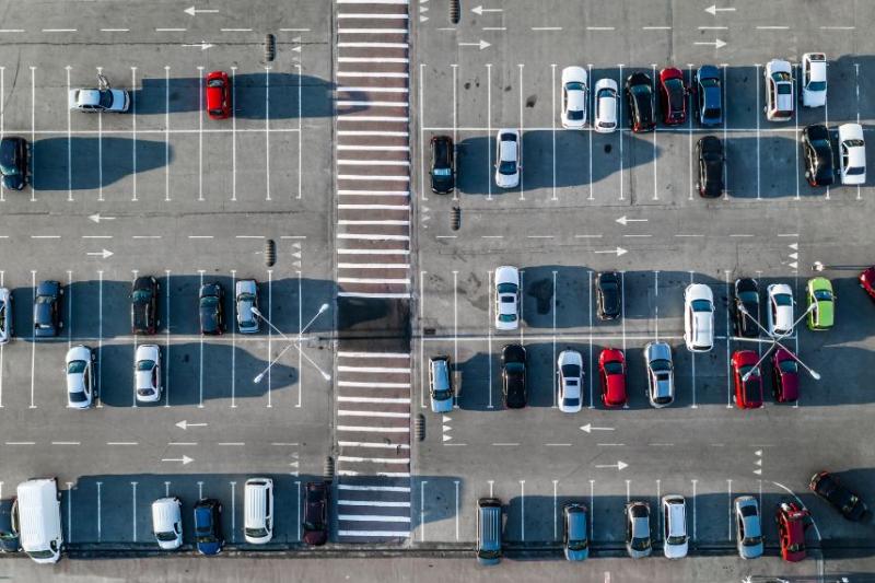 Bird's eye view of a car park 