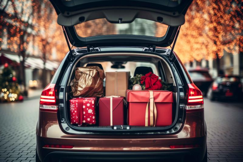 Christmas shopping in the boot of a car