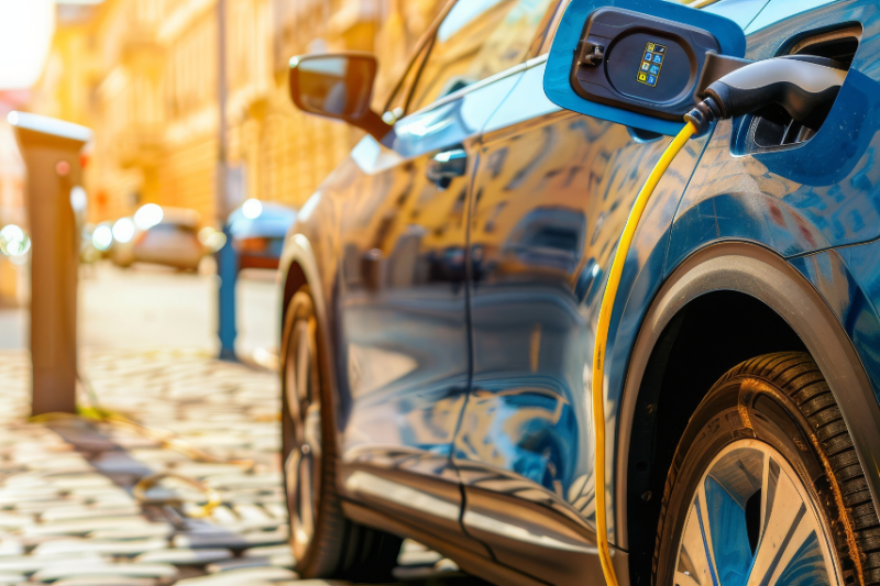 Blue electric car being charged