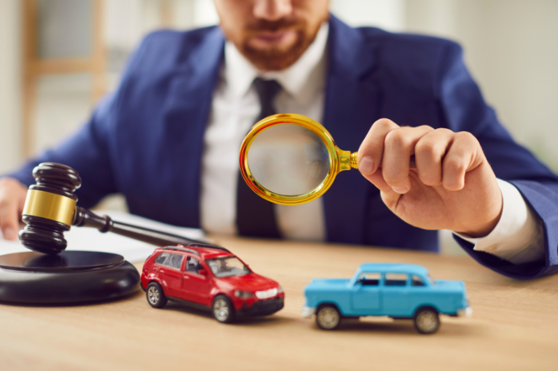 lawyer using magnifying glass to look at toy cars