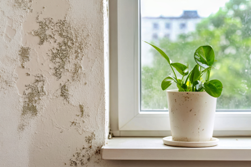 Black mould on a wall next to a window sill
