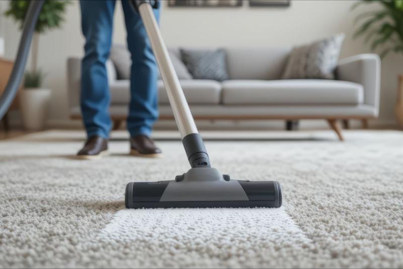 Man vacuums living room carpet
