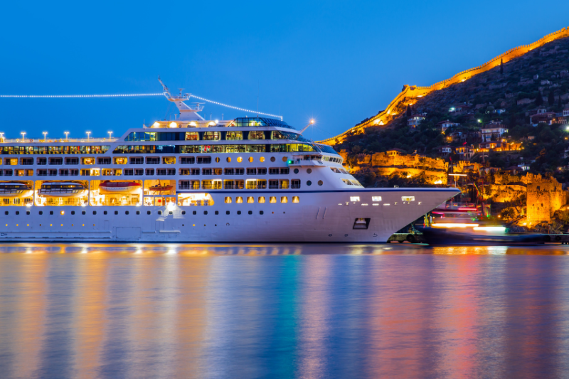 picture of docked cruise ship at nighttime
