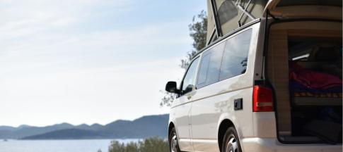 Campervan next to lake