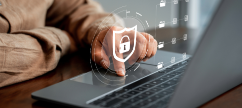 person using graphic with white hologram floating above keyboard