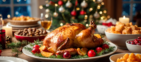 Table with turkey and the trimmings, and a Christmas tree in the background.