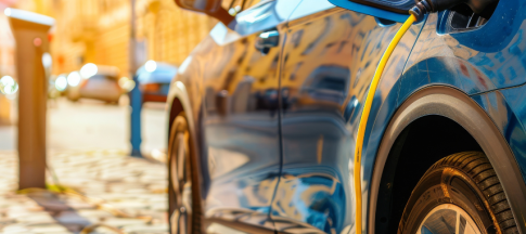 Blue electric car being charged 