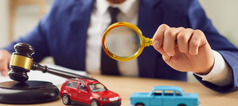 lawyer using magnifying glass to look at toy cars