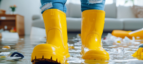 person wearing yellow wellingtons in flooded home 