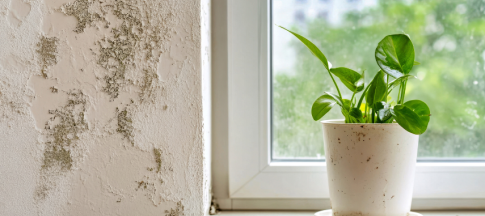Black mould on a wall next to a window sill