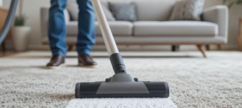 Man vacuums living room carpet