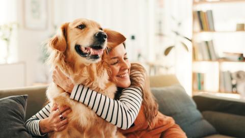 Woman relaxing on the couch with her dog at home